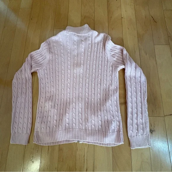 Lauren Ralph Lauren Pink Cable Knit Full Zip Sweater Silver Crest Logo Sz M - Picture 7 of 11